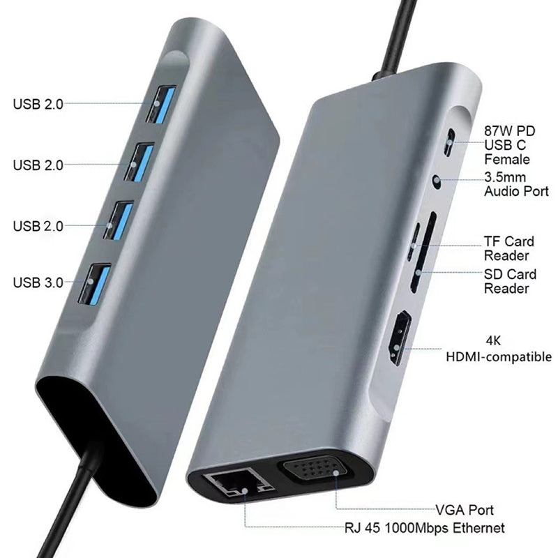 11-in-1 Mini USB-C Docking Station RJ45 1000Mbps Ethernet Type-C Hub Converter HD VGA 4 USB TF/SD AUX Type-C Adapter 11-in-1 Mini USB-C Docking Station RJ45 1000Mbps Ethernet Type-C Hub Converter HD VGA 4 USB TF/SD AUX Type-C Adapter
